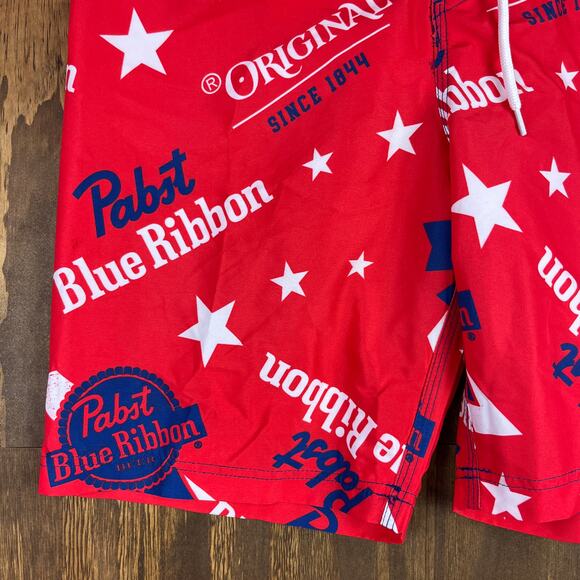 Pabst Blue Ribbon Mens Shorts Red White Blue Star Swim Surf Beach Trunks Small - Picture 4 of 14